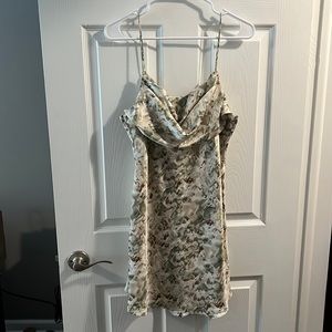 cute satin like cream olive and brown mini dress from hello molly